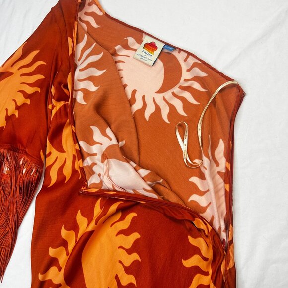 Farm Rio Anthropologie One Shoulder Fringe Dress Sun Crescent Moon Orange XS - Picture 14 of 16